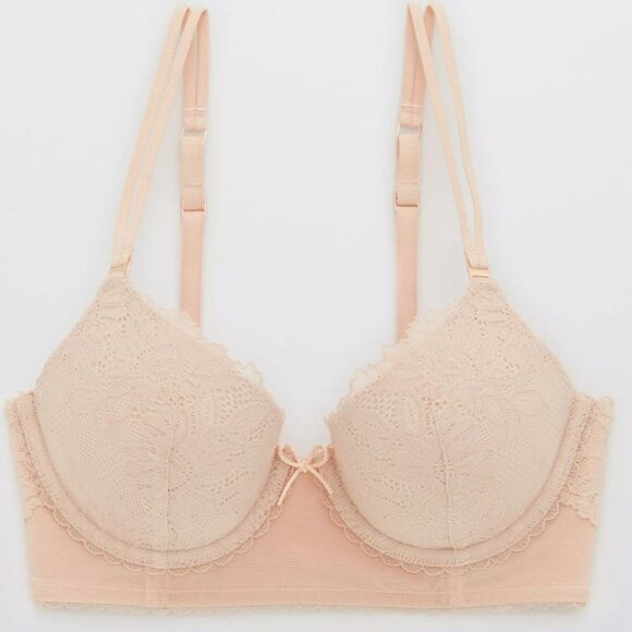 Aerie Pink Real Power Plunge Push Up Sunflower Lace Bra Size 36C - Picture 2 of 6